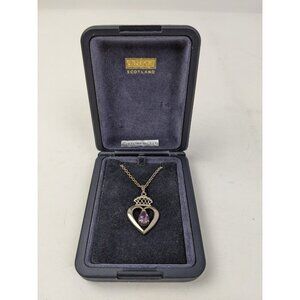 Vintage Ortak Scotland Sterling Silver & Amethyst Crown Heart Pendant Necklace